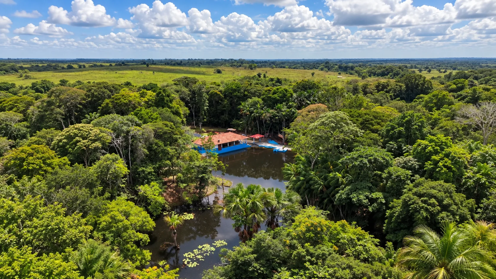 Vista aérea do Recanto da Natureza, com igarapé cercado de mata e salão junto à água